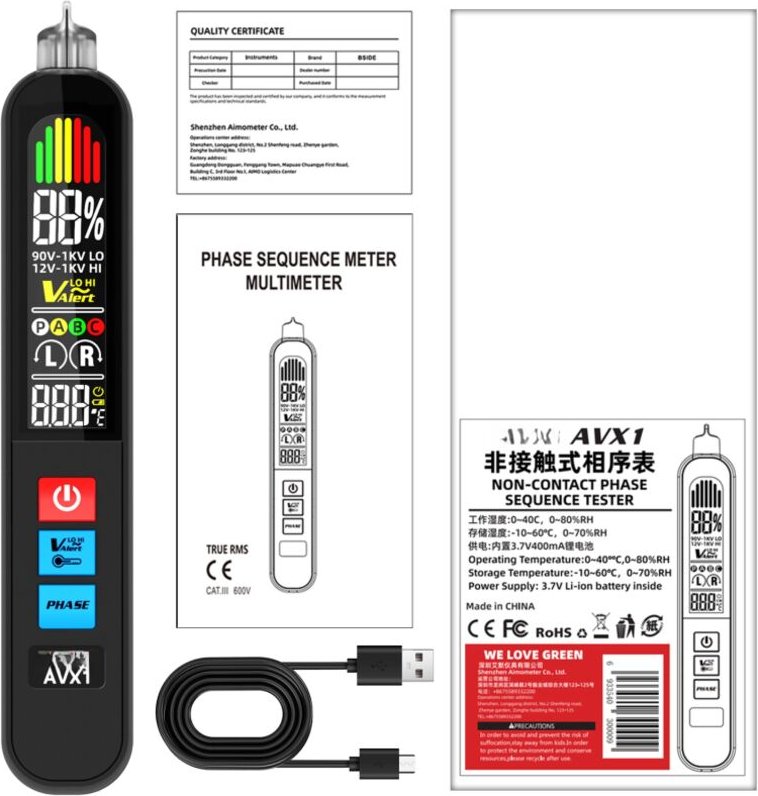 Tester di sequenza di fase senza contatto AVX1 per circuiti trifase con funzione di allarme intelligente, per quadri di ...