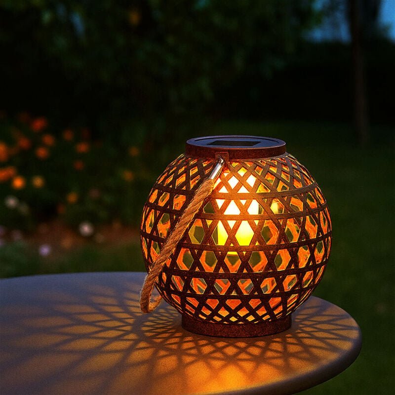 Solarleuchte Kugel Rostoptik Solar Kugelleuchte Feuereffekt Außenlampe Solarlampe Hanfseil, aufhängen/hinstellen, led wa...