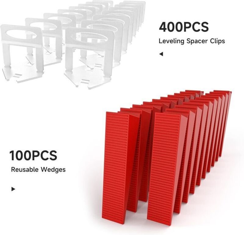 Fliesenverlegehilfe-Set, 400 Klammern, 100 wiederverwendbare Keile zum Verlegen von Fliesen mit einer Dicke von 3–12 mm