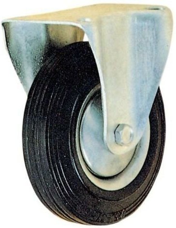 Hochwertiges Industrierad aus Gummi mit Rollenlager, Größe 100 mm, fester Platte und maximaler Tragfähigkeit von 70 kg.