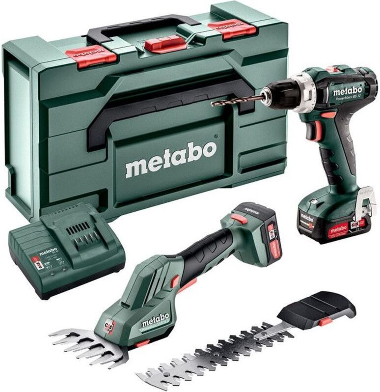 Metabo Combo Set Akku-Bohrschrauber BS 12 + Akku-Strauch und Grasschere PowerMaxx SGS 12 Q