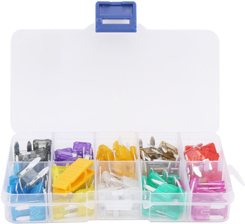 121-teiliger Satz sortierter Flachsicherungen, 2/3/5/7,5/10/15/20/25/30/35 Ampere, mit Sicherungsclips, DUBUNS