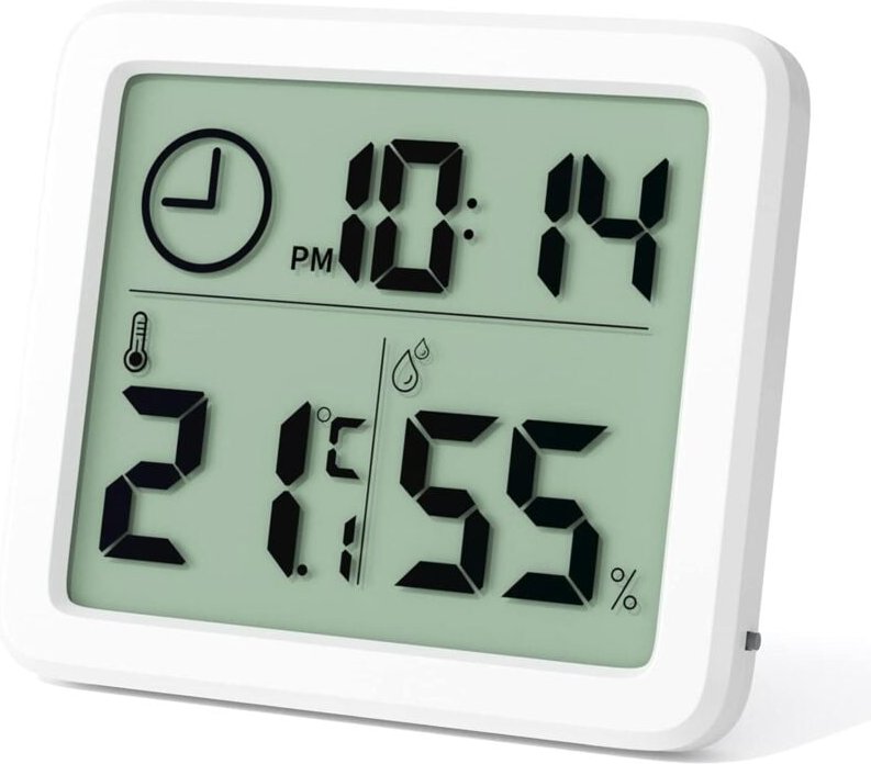Mini-Digital-Innenthermometer, professionelles tragbares Großbild-Hygrometer mit Uhr, genaues weißes Thermometer, Hygrom...