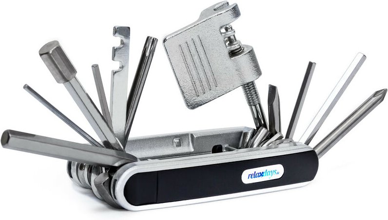 Relaxdays - Fahrrad Multitool, HxBxT:2,5x9x4,5cm, mit Reifenheber, Schraubendreher, Kettennieter, Werkzeugset, schwarz