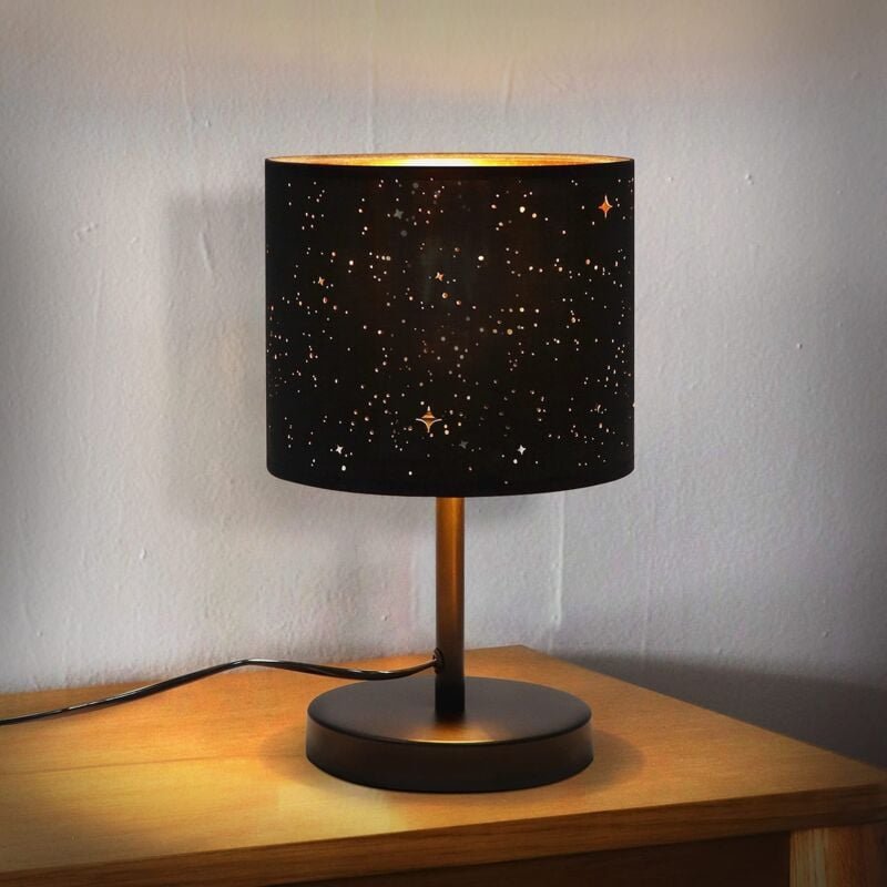 Tischlampe Wohnzimmer Nachttischlampe Schwarz Gold - Tischleuchte Retro E27 Lampenfassung Modern Sterneneffekt Stoffschi...