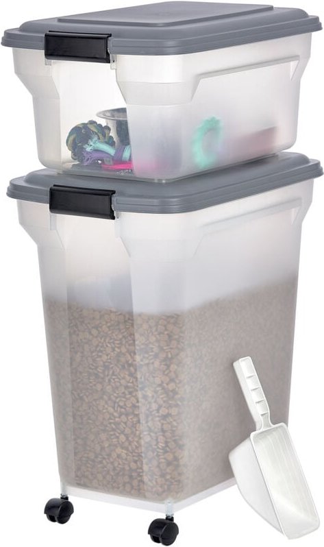 Hundefutter Aufbewahrung mit Rollen, 45L+20L, Grau, Luftdichte Futterbox, Trockenfutter, Futterbehälter, Für Hunde, Katz...