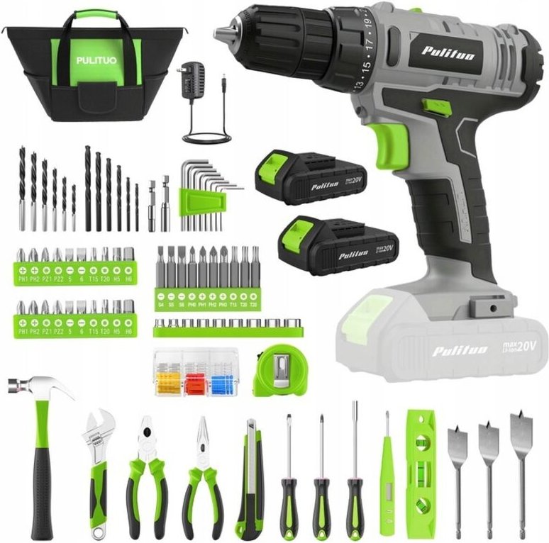 PULITUO 20-V-Akku-Bohrschrauber, elektrischer Schraubendreher – 2 Akkus, 30 Nm, 21+1 Drehmoment, 2 Geschwindigkeiten, 3/...