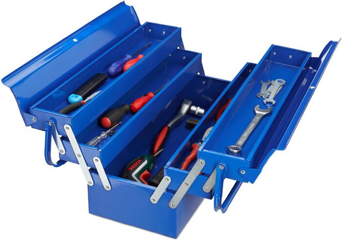 Werkzeugkoffer leer, 5 Fächer, mit Tragegriff, Metall, abschließbar, Werkzeugkasten, hbt 21 x 53 x 20 cm, blau - Relaxda...