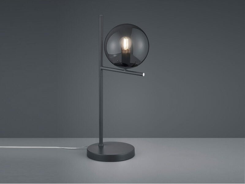 Design Tischleuchte PURE Anthrazit Lampenschirm Glaskugel Rauchfarbig, Höhe 52cm