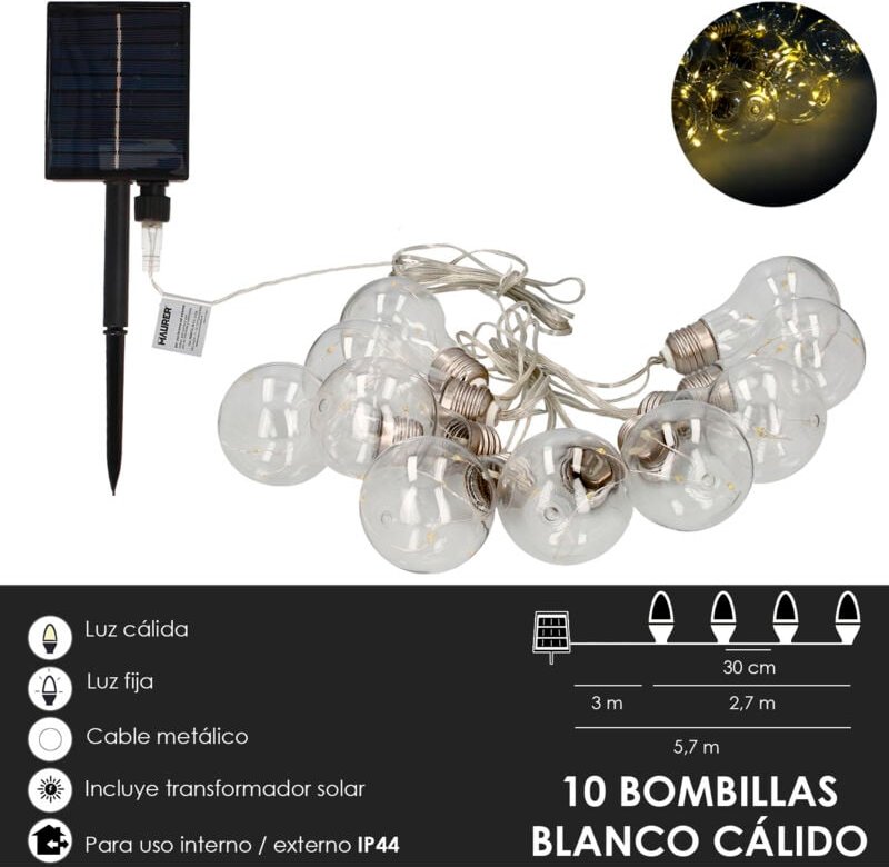 AFT - Guirnalda Solar 10 Bombillas / 50 Micro Leds Luz Calida. Bateria Recargable Uso en Exteriores / Interiores Ip44