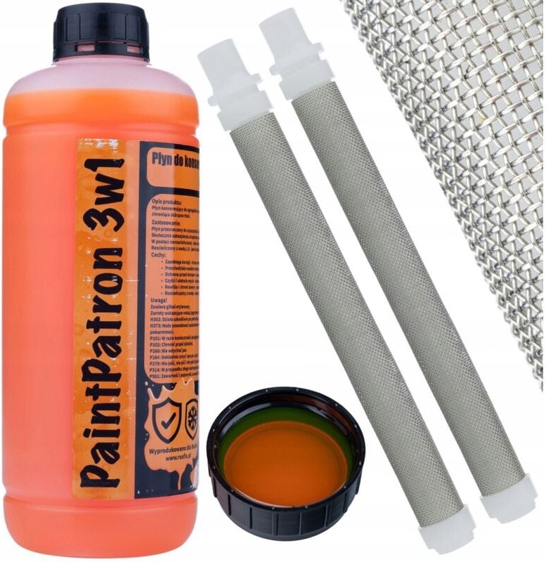 Rosfix PaintPatron 3w1 – Wartungs- und Reinigungsflüssigkeit + 2 Stück Filter für Spritzgerät 1L, 60 Mesh Korrosionsschu...