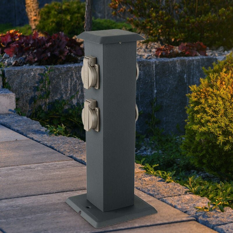 Energieverteiler Außensteckdose Steckdosenpfosten Gartensteckdose, Wetterfest IP44 4-Fach, Edelstahl grau, LxBxH 15,7x15...