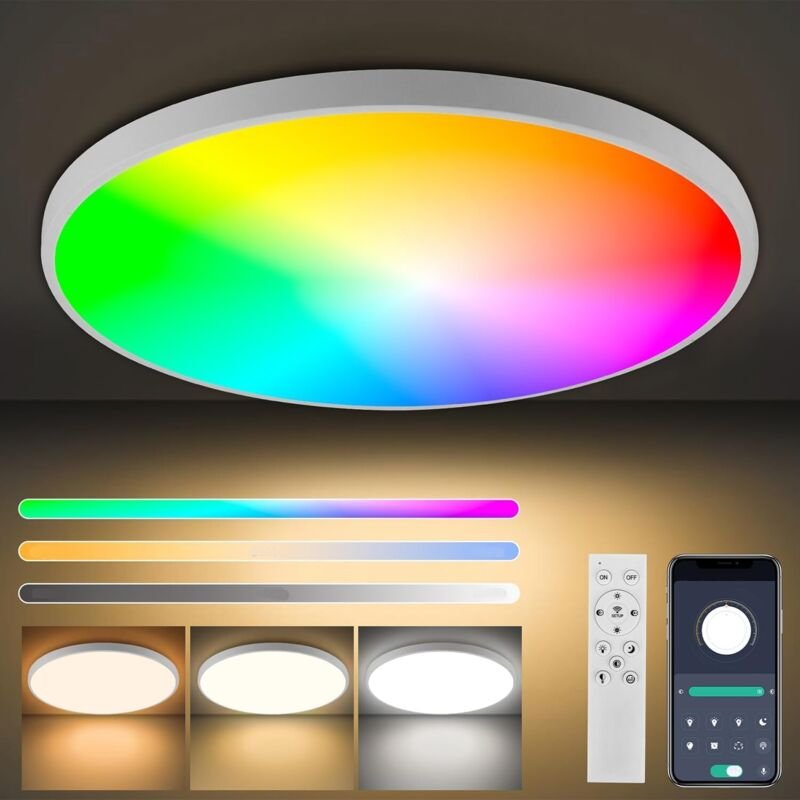 Dimmbare LED-Deckenleuchte, 36W RGB-Deckenleuchte mit Fernbedienung und App-Steuerung, runde dimmbare Deckenbeleuchtung ...