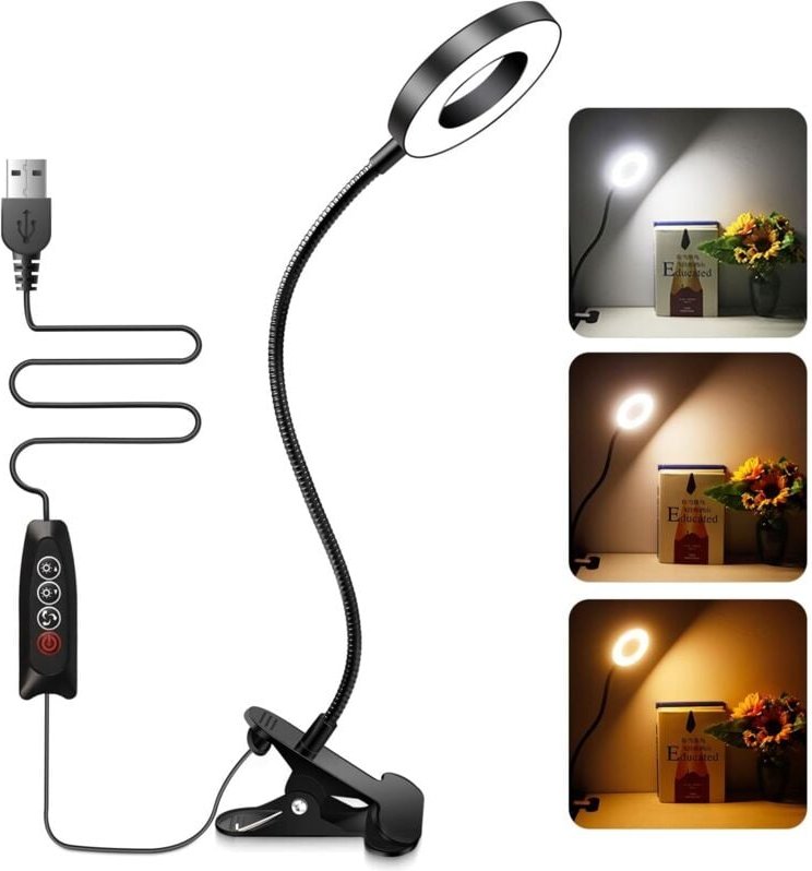 USB-Klemm-Schreibtischlampe, schwarz, 48 LEDs, 3 Farben und 10 dimmbare Intensitäten, Leselampe zum Lesen im Bett, flexi...