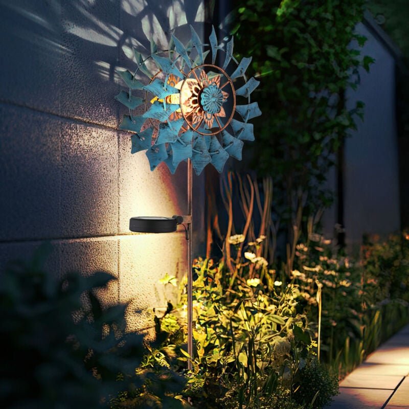 Thumbnail - Gartendeko Windrad LED Solarleuchte Terrassenlampe Außenlampe Erdspieß, Metall gold blau antik, Bruchglas, warmweiß, LxH...