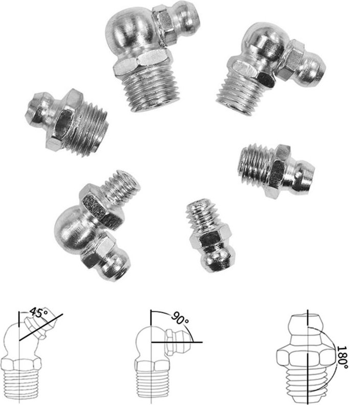 115 Teiliges Stahl Zerk Schmiernippel Sortiment, Gerade, 90 Grad, 45-Grad (M6, M8, M10)
