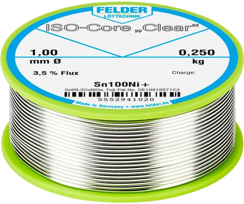Felder Löttechnik - Felder ISO-Core 'Clear' Sn100Ni+ Lötzinn, bleifrei Spule Sn99,25Cu0,7Ni0,05 0.250 kg 1 mm