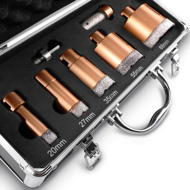 Diamantbohrer Lochsägen Set 20-27-35-55-68mm + 25mm Fingerfräser + hex Adapter, 15mm Segmenthöhe, M14 Nass-Trockenschnit...