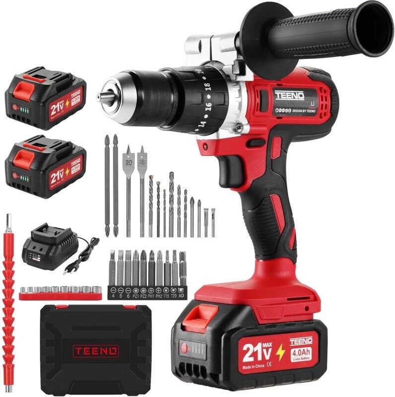 TEENO 21V Akku-Bohrschrauber für Makita-Akkus, 2 x 4,0-Ah-Akkus, 90 Nm maximales Drehmoment, Akku-Schlagbohrschrauber mi...