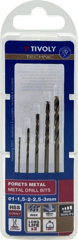 Thumbnail - Tivoly - Satz mit 5 Metall-Kobalt-Technikbohrern Ø1-1,5-2-2,5-3 mm