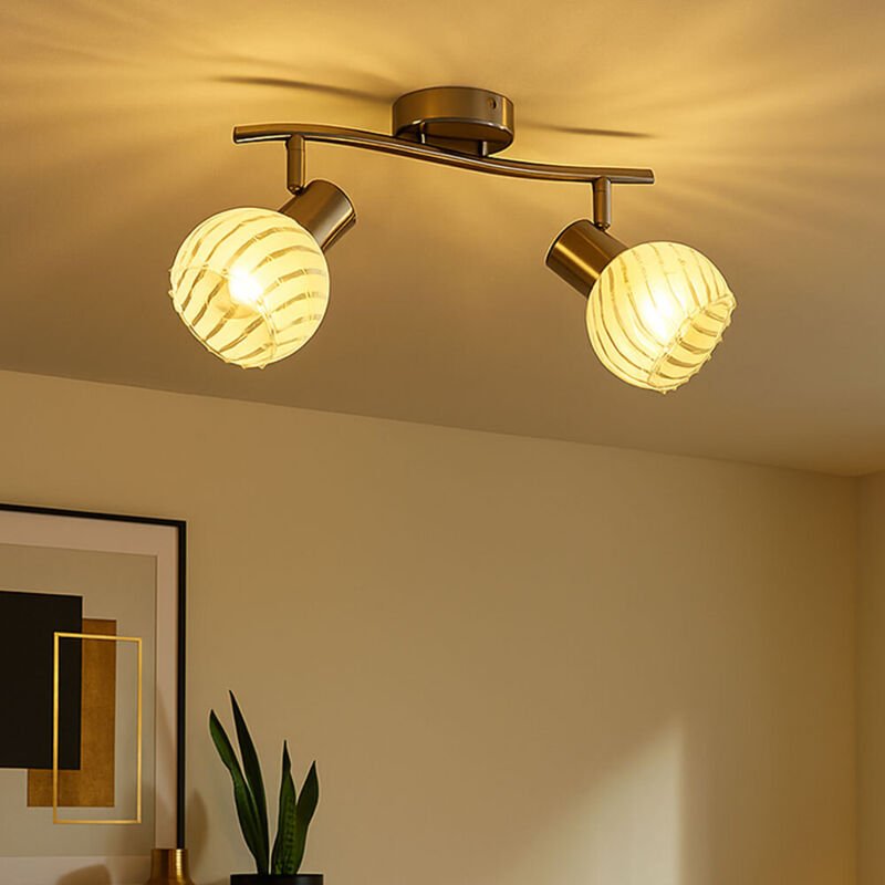 Deckenlampe silber Schlafzimmerleuchte Glas 2 flammig Deckenleuchte Spotleiste verstellbar, Metall, 2x E27 Fassungen, Lx...