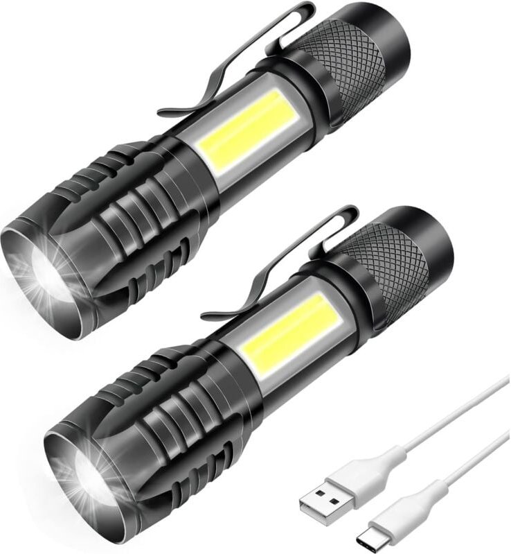 Ersandy - 2er-Pack wiederaufladbare LED-Taschenlampe, leistungsstark, professionell, 3 zoombare Modi, kleine COB-LED-Tas...