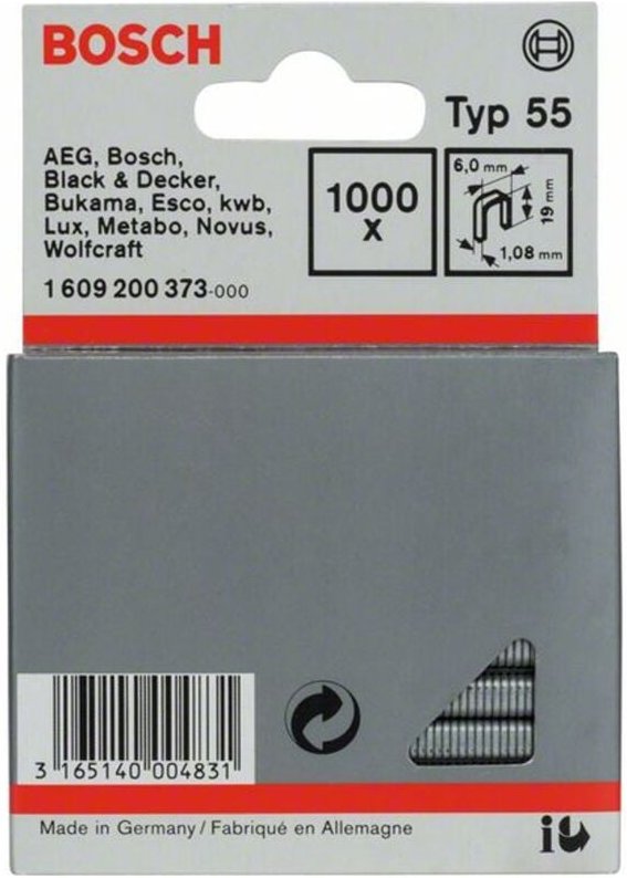 Bosch Schmalrückenklammer Typ 55, 19, 1000er-Pack, für Druckluftnagler/Drucklufthefter