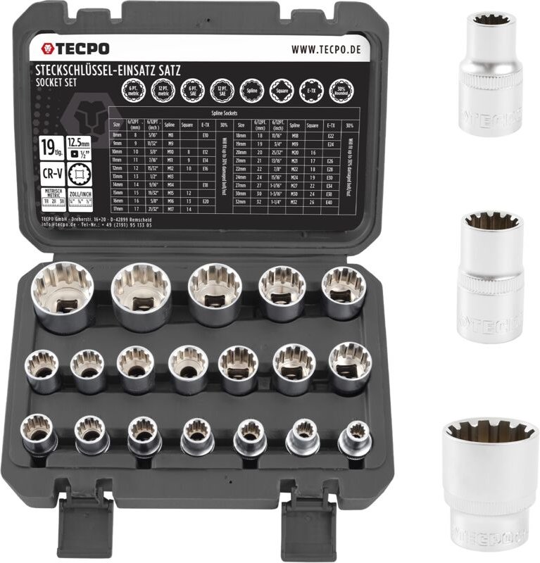 TECPO Steckschlüssel Satz 19-tlg. Sechskant 8-32 mm 1/2 Zoll Werkzeug Nuss-Set Zöllig 5/16"-1-1/4" E-Profil für Torx E10...
