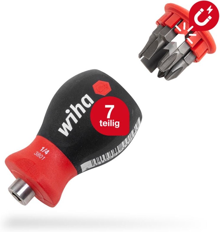 Wiha - Schraubendreher Stubby mit Bit Magazin magnetisch (33736) i Schlitz, Kreuz i mit 6 Bits, 1/4'