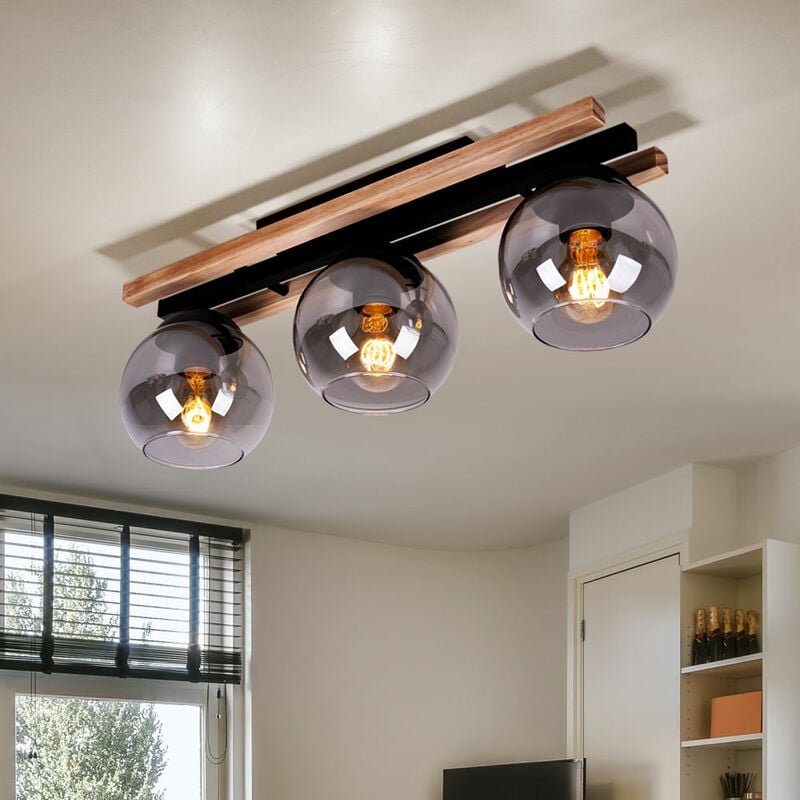 Deckenleuchte Deckenlampe Wohnzimmerlampe Esszimmerleuchte, Metall Eichenholz schwarz rauchfarben, 3 Flammig, E27, LxH 6...