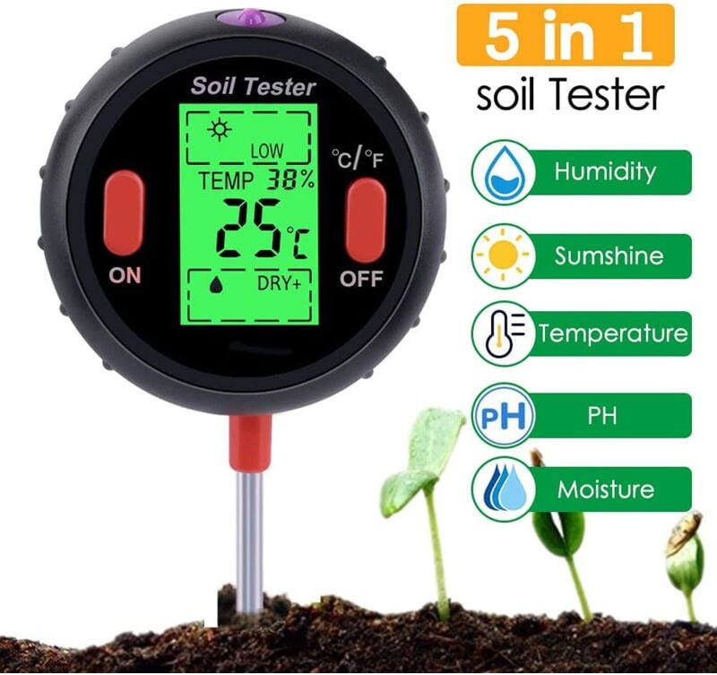 5-in-1 Boden-PH-Messgerät, Bodenfeuchtesensor, Intensitätsdetektor für Pflanzen, Blumen, Garten