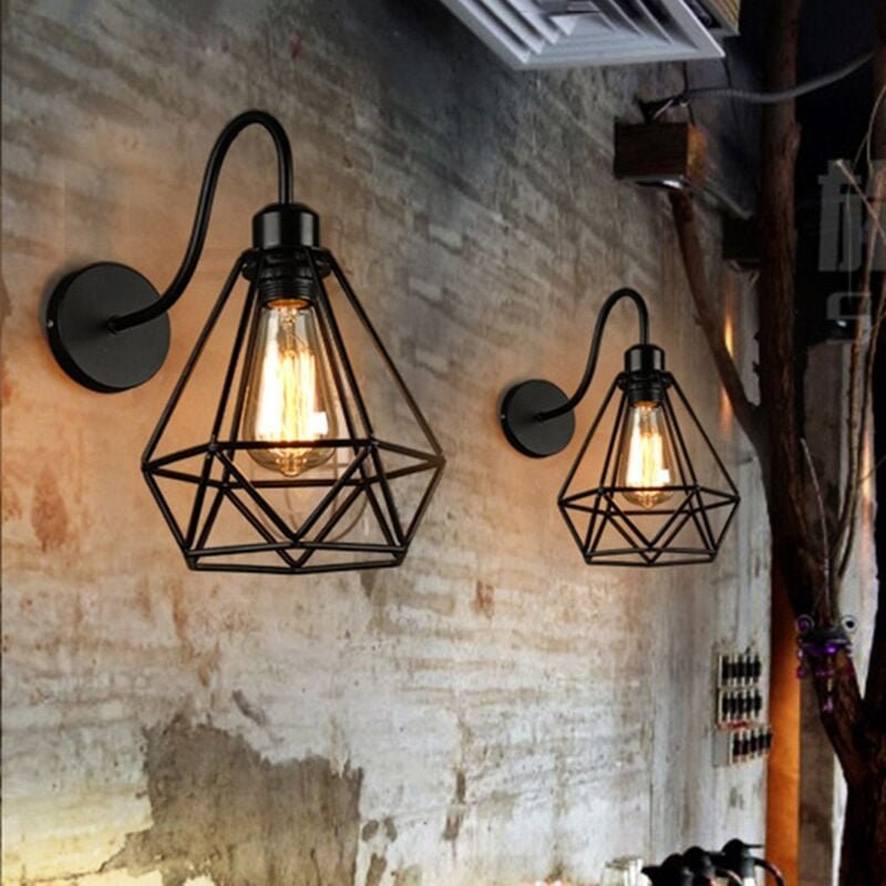 2er Wandleuchte mit Gebogener Arm, 1 Flammig Industrielle Wandlampe mit Ø20cm Diamant-Form Käfig für Innen Wohnzimmer Sc...