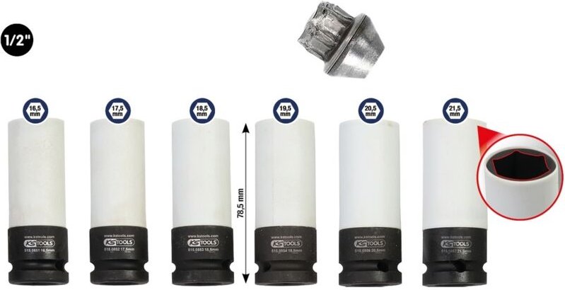 1/2" Spezial-Alu-Felgen Kraft-Stecknuss-Satz, 6-tlg