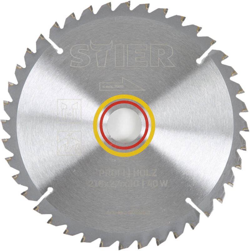 Kreissägeblatt Profi Holz, 216 x 2,4 x 30mm, -5° neg. Spanwinkel, 40 gehärtete Zähne, Wechselzahn - Stier