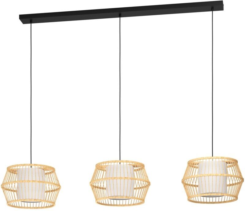Hängelampe Monterroso, 3-flammige Pendelleuchte Esstisch, Esszimmerlampe aus Bambus in Natur, Textil in Weiß und Metall ...