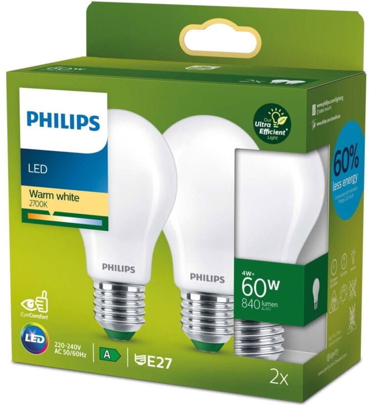 Philips Filament-Lampe Milchglas 60W A60 E27 x2
