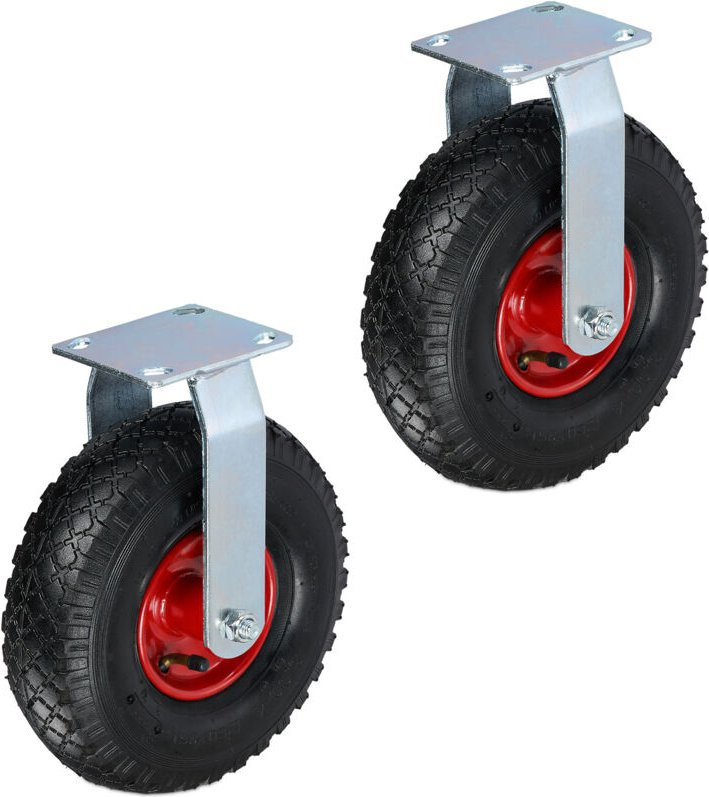 Relaxdays Bockrollen 2er Set, luftbereift 3.00-4, Schwerlastrad, Transportrolle mit Stahlplatte, bis 120 kg, schwarz/rot