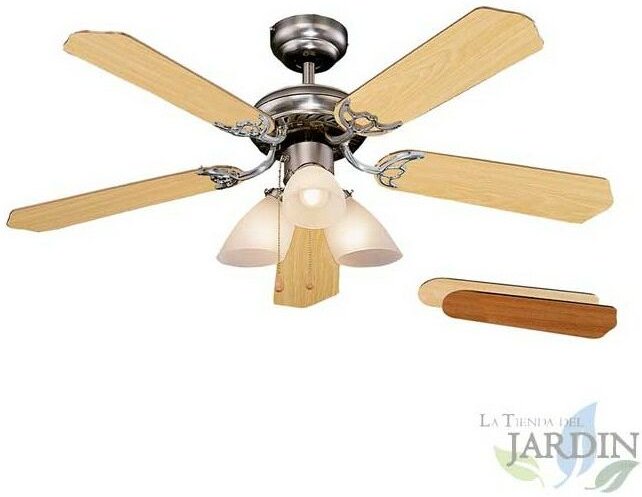 Suinga - Deckenventilator Orbegozo mit Licht, 5 Wendeflügel, 3 Geschwindigkeiten, Chromfarbe.