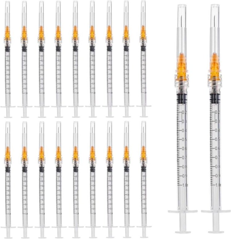 50er-Pack 1-ml-Spritze mit Nadel, 25G Daumen, Laborbedarf, Luer-Lock-Design, einzeln versiegelte Verpackung
