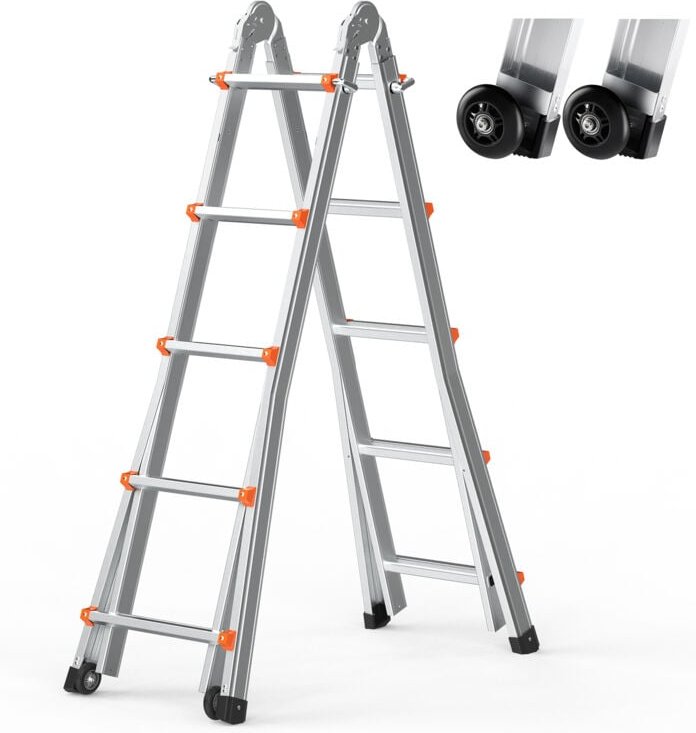 Teleskopleiter mit A-Rahmen,5,1 m lange,kompakte Aluminium-Ausziehleiter,multifunktionale,tragbare,zusammenklappbare Woh...