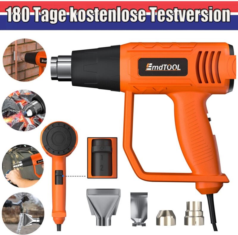 Dayplus - 230V Heissluftfön Heißluftpistole Heissluftgebläse inkl. 4tlg Zubehör 2000 Watt