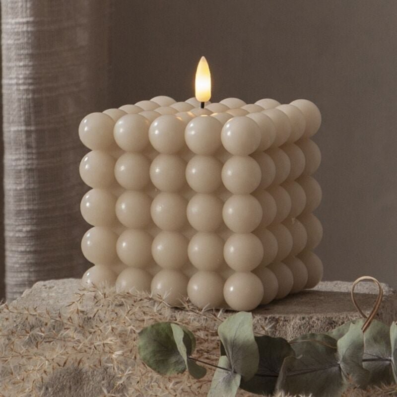 Bubble Kerze Dot, Echtwachs, beige, warmweißes LED Licht, 10x12,5cm