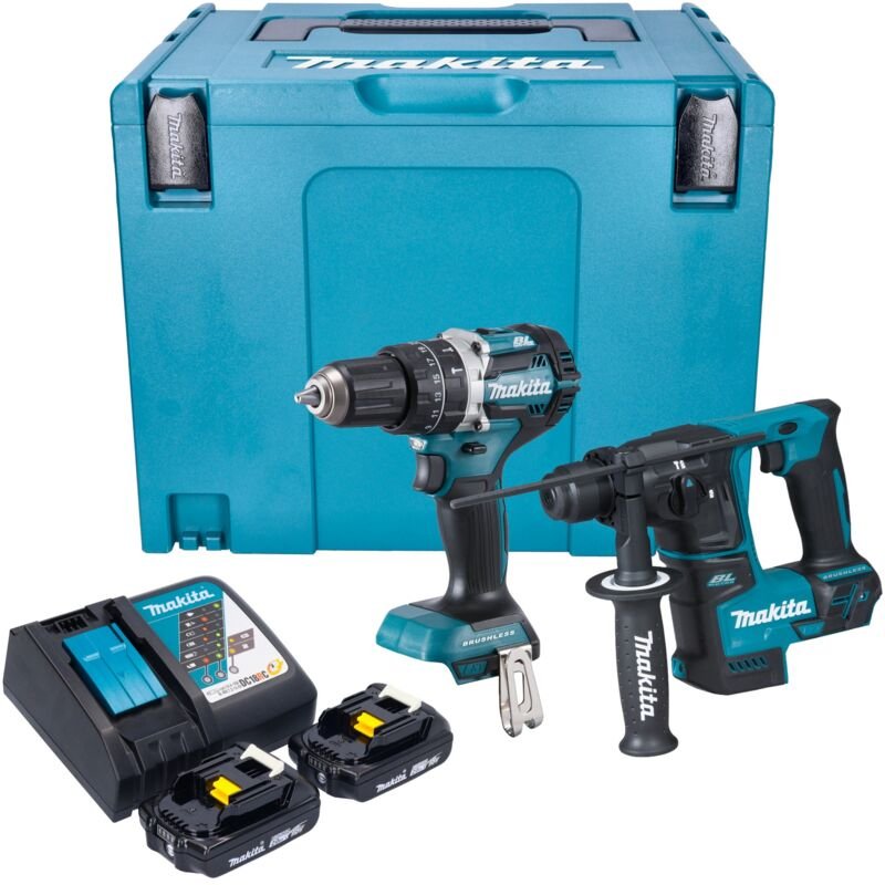 Makita DLX 2278 RAJ Akku Kombo Kit + DHP 484 Schlagbohrschrauber 54 Nm + DHR 171 Bohrhammer 1,2 J + 2x Akku 2,0 Ah + Lad...
