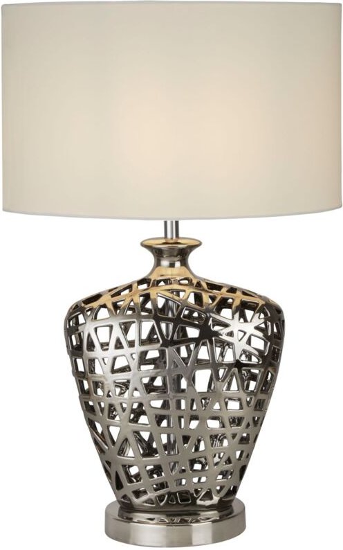 Licht-erlebnisse - Tischlampe Stoff Keramik E27 ø 36 cm 57 cm Chrom Weiß rund Modern Keramikleuchte