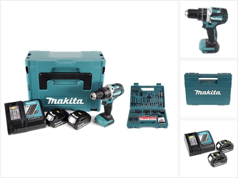 Makita DHP 484 RTJ 18V Brushless Li-Ion Akku Schlagbohrschrauber im Makpac inkl. 2x 5,0 Ah Akku und Ladegerät + Makita B...