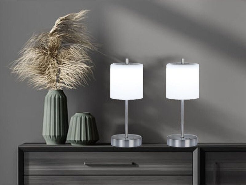 Meinewunschleuchte - 2er set kabellose Tischlampen Silber / Opalglas mit Touchdimmer, Höhe 34,5cm