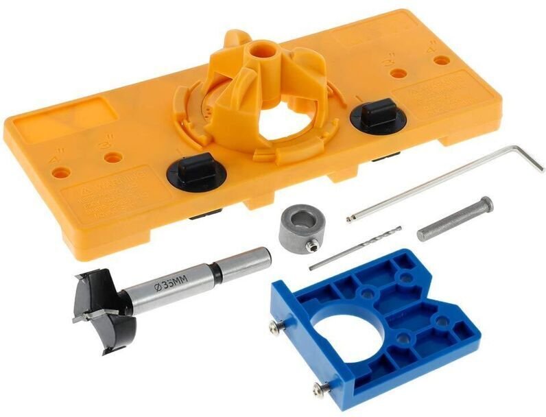 Bohrschablone für 35-mm-Verdeckscharniere mit 35-mm-Bohrer, Tiefenanschlag und Sechskantschlüssel für die Holzbearbeitun...