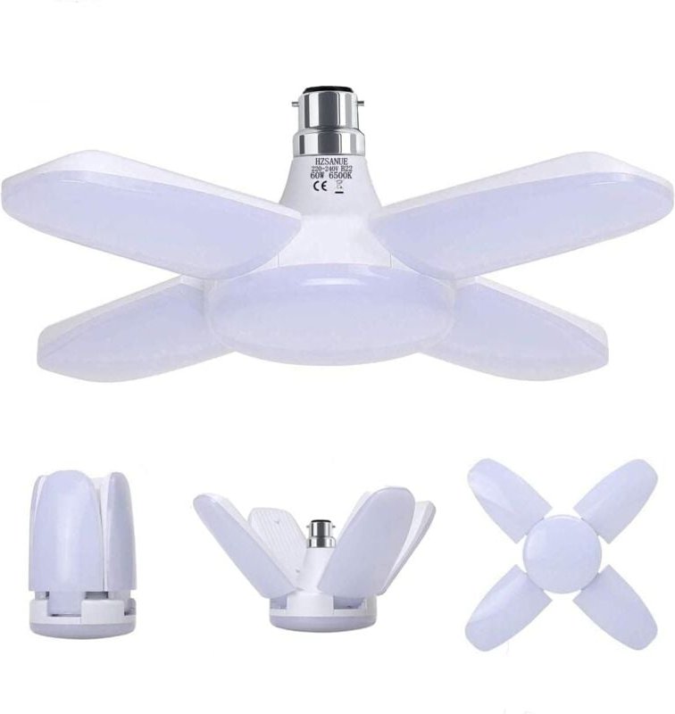 Jusch - Garagenlampe B22 60W, kaltweiße Werkstattlampe 6500K 6800Lm, verformbar mit 4 verstellbaren Panels, LED-Deckenbe...