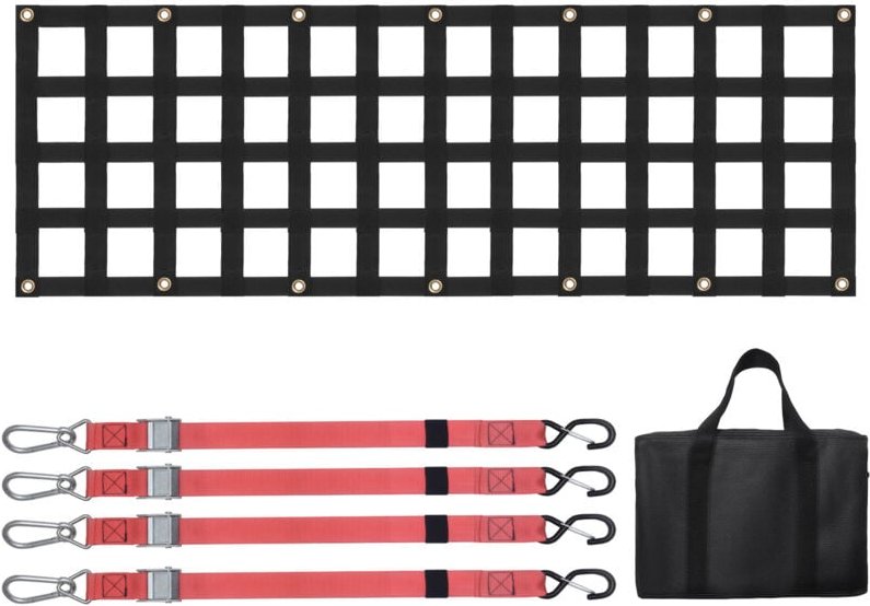 Heckklappennetz, 1370 x 460 mm, LKW-Ladeflächennetz bis zu 680 kg, mit 4 verstellbaren Teleskopgurten, ausziehbar & lang...