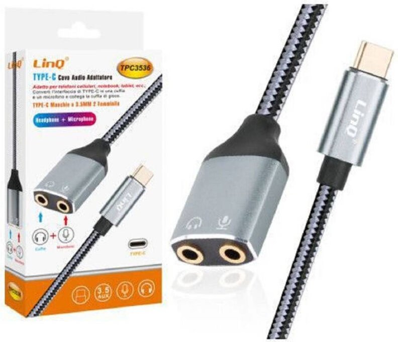 Trade Shop Traesio - Trade Shop - audio-adapterkabel von typ c auf doppel-buchse 3,5 mm kopfhörer + mikrofon TPC3536 -